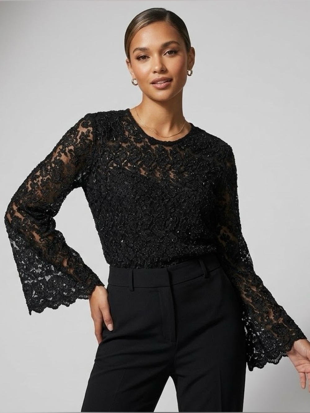 Faith Vintage Black Lace Beaded Top Sequined Sheer Blouse Medium M